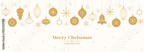 Merry Christmas template background with gold geometric minimalist elements and icons. Abstract trendy banner with vintage tree decorations in simple flat design. Vector illustration.