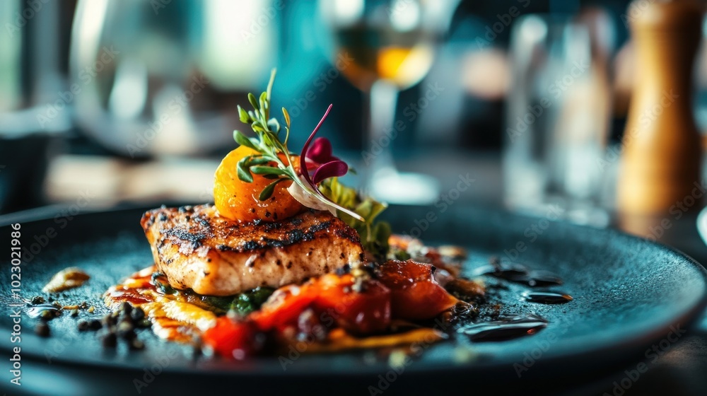 Grilled Salmon with Citrus and Vegetables on a Black Plate Grilled Salmon with Citrus and Vegetables on a Black Plate