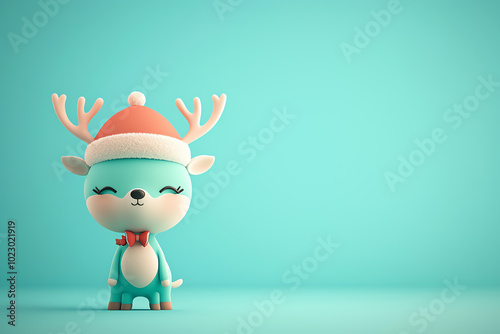 Cute reindeer calf with a Santa hat, holiday animal portrait, 3D illustration