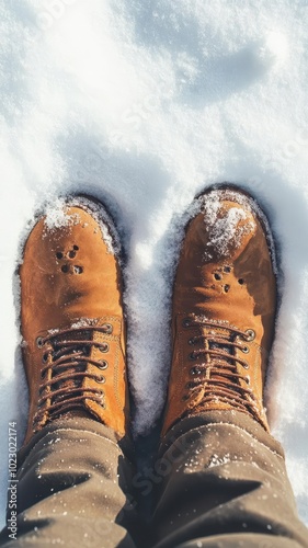 A Pair of light brown winter boots on the snow in a snowdrift under sunlight,Hiking Boot in winter season,fashion for sale,sparkling in the winter sun,Camping boot footwear,copy space.