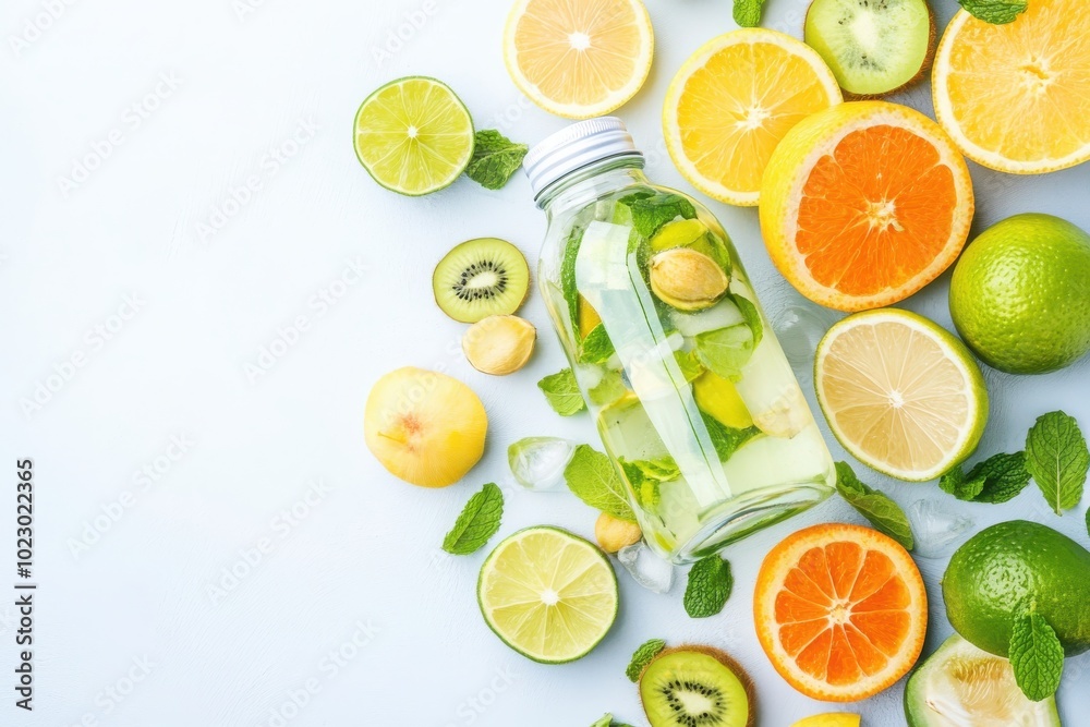 Fresh fruit slices and infused water in a bottle on a light background.