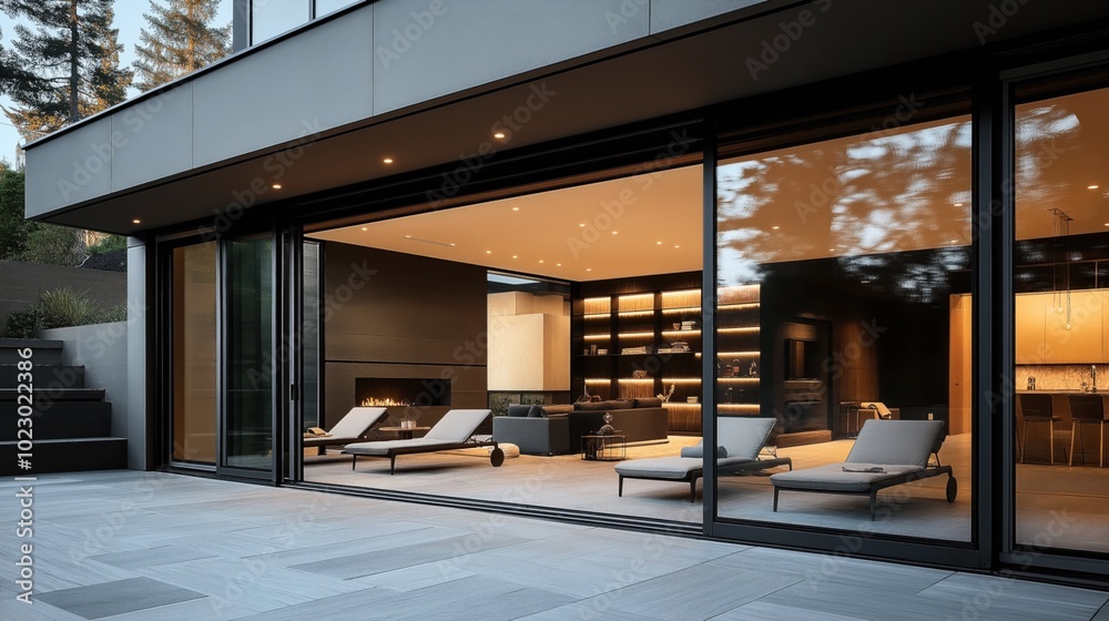 Modern luxury living room with floor-to-ceiling glass doors showcasing an outdoor patio, minimalist decor, and ambient lighting. Modern luxury living room with floor-to-ceiling glass doors showcasing an outdoor patio, minimalist decor, and ambient lighting.