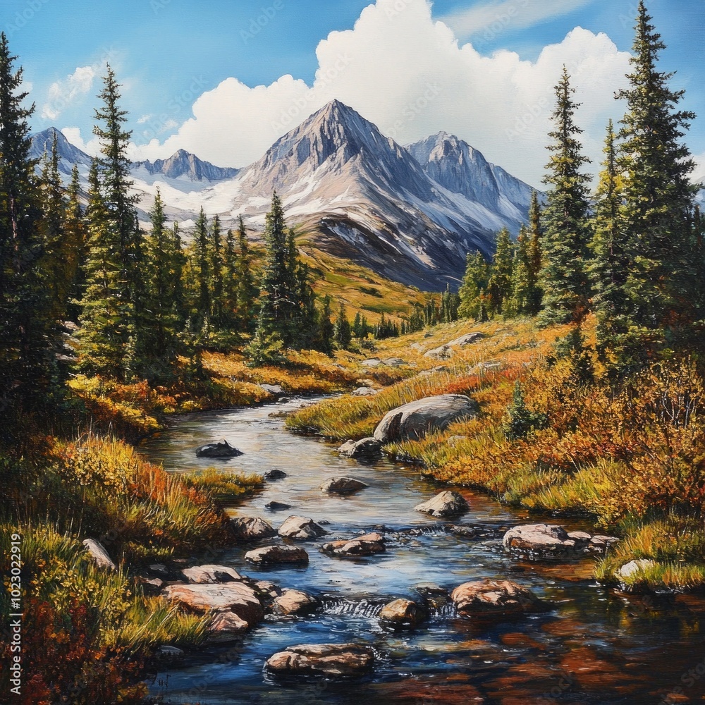A photo realistic and hyper realistic oil painting of a serene mountain landscape, A photo realistic and hyper realistic oil painting of a serene mountain landscape,