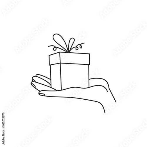 Line Hand Holding Small Gift Box. Outline gesture with Birthday Present Marriage Proposal symbol. Doodle vector illustration