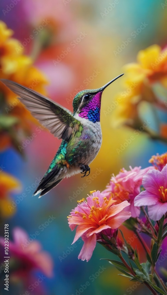 Fototapeta premium Hummingbird with iridescent green and purple feathers hovering near colorful flowers