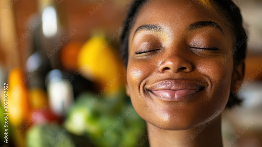 Serene Woman Enjoying Aromas in Organic Market Serene Woman Enjoying Aromas in Organic Market