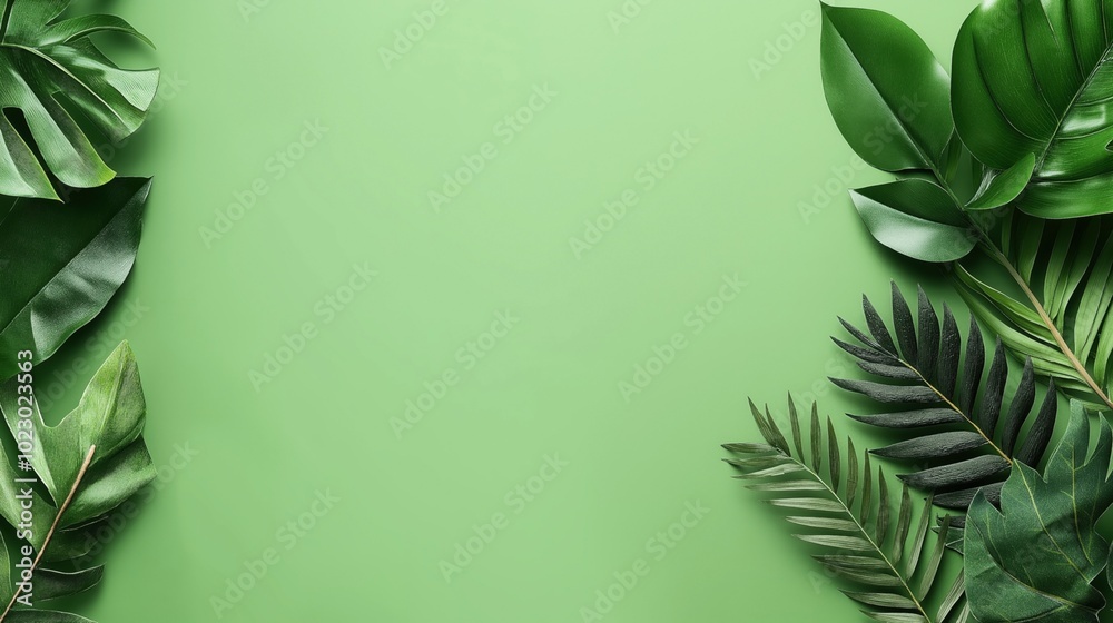 Green tropical leaves arranged on a light green background with space in the center for text or design. Green tropical leaves arranged on a light green background with space in the center for text or design.