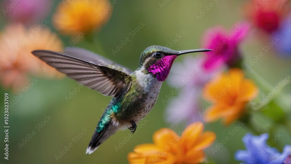 Fototapeta premium Hummingbird in flight, vibrant green, purple, and blue feathers with iridescent sheen