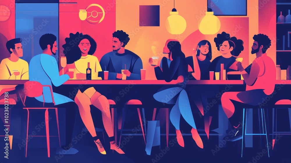 A vibrant social gathering at a bar, featuring diverse individuals enjoying drinks and conversation. A vibrant social gathering at a bar, featuring diverse individuals enjoying drinks and conversation.