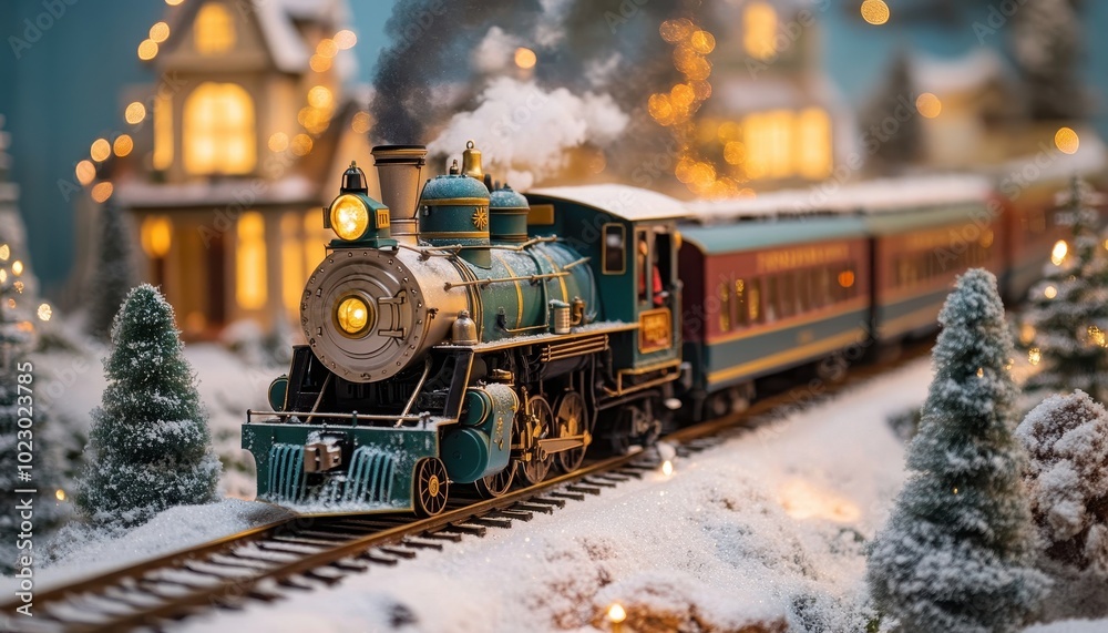 Nostalgic Christmas train travel through a snowy landscape with festive decorations and lights Nostalgic Christmas train travel through a snowy landscape with festive decorations and lights