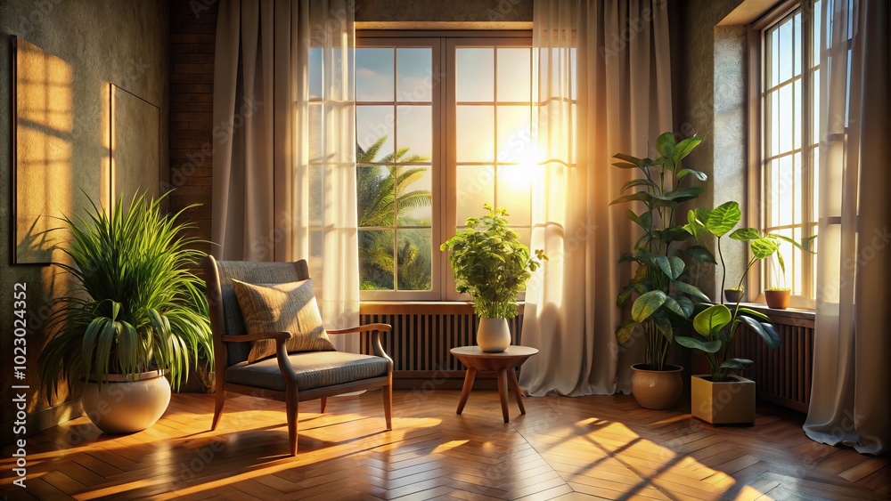 Sunlight cascades through a beautifully silhouetted window, filling the cozy setting with warmth and charm, making the space feel inviting and serene.