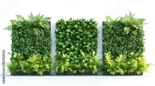 Trio of modern green garden walls isolated on white with plants