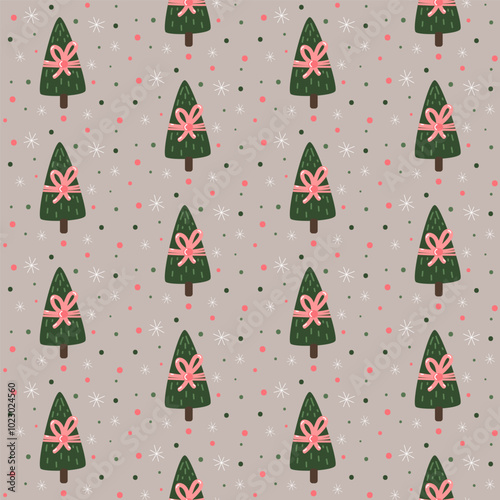 Vector Christmas felt stitched noel tree with bow and snowflakes hand drawn craft seamless pattern.
