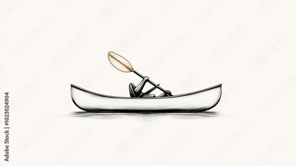 Minimalist illustration of a person kayaking in a canoe with a single paddle on calm water, focusing on simplicity and solitude in nature.