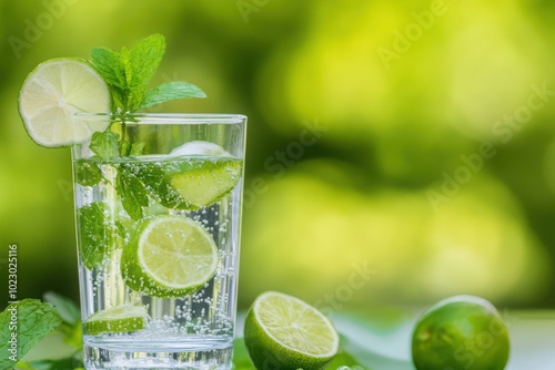 Refreshing lime and mint drink in a glass, surrounded by fresh limes. photo