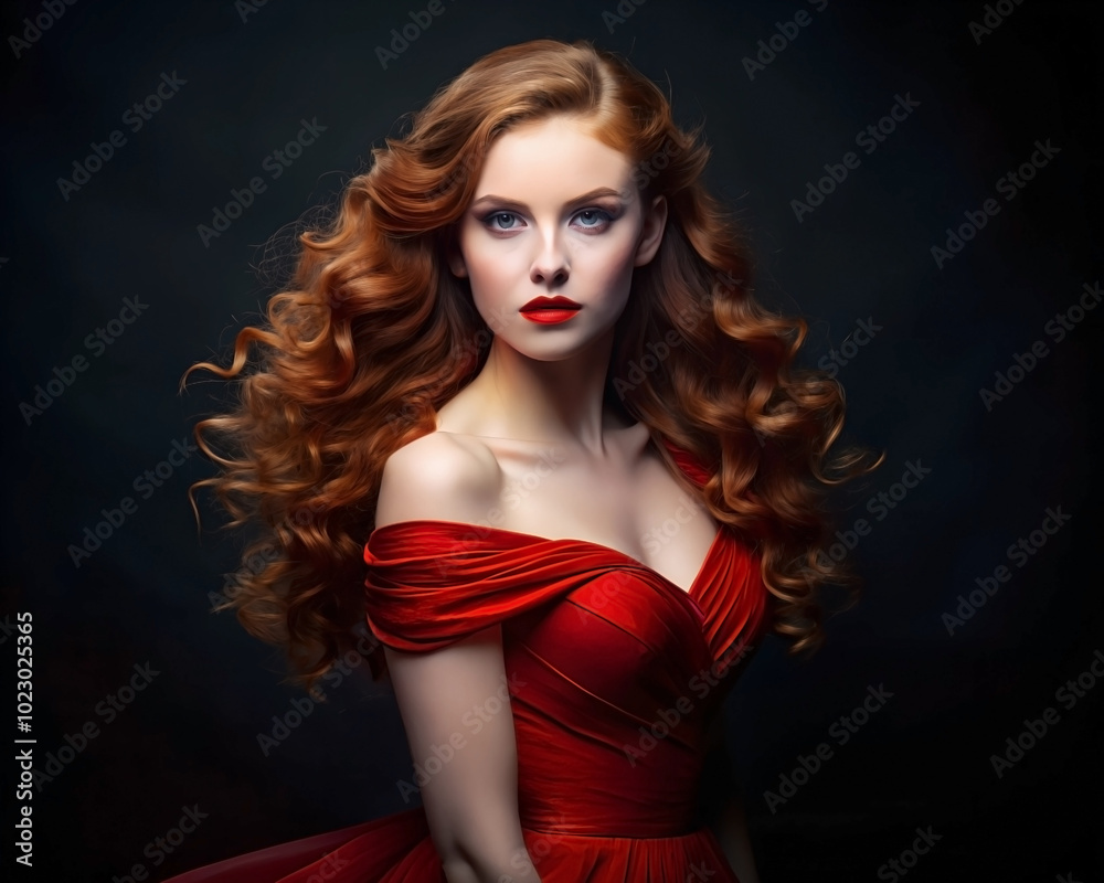 A beautiful red-haired girl in a flowing red dress poses dynamically, her hair cascading in soft waves, exuding confidence, elegance, and dramatic flair. A beautiful red-haired girl in a flowing red dress poses dynamically, her hair cascading in soft waves, exuding confidence, elegance, and dramatic flair.