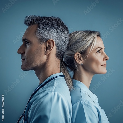 Portrait of Two Veterinarians in Blue Scrubs Facing Opposite Directions – Symbolizing Professionalism and Dedication.