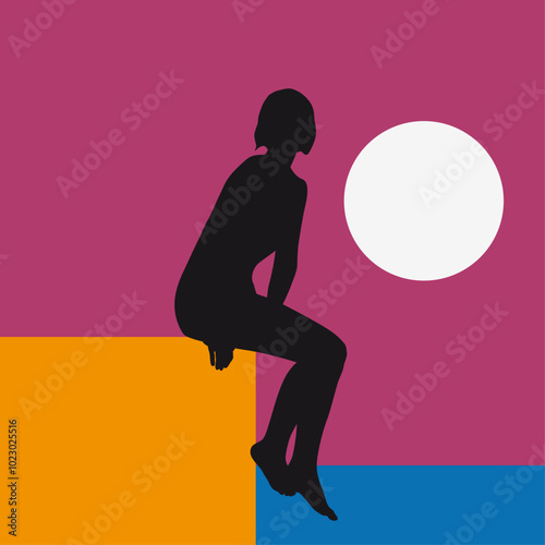 Frauensilhouette am Horizont. Frau sitzt am Wasser, Abendstimmung, Sommer