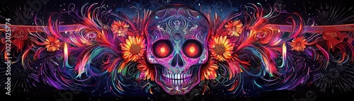 Vibrant artistic skull design surrounded by colorful flowers and swirling patterns, perfect for Halloween or themed projects.