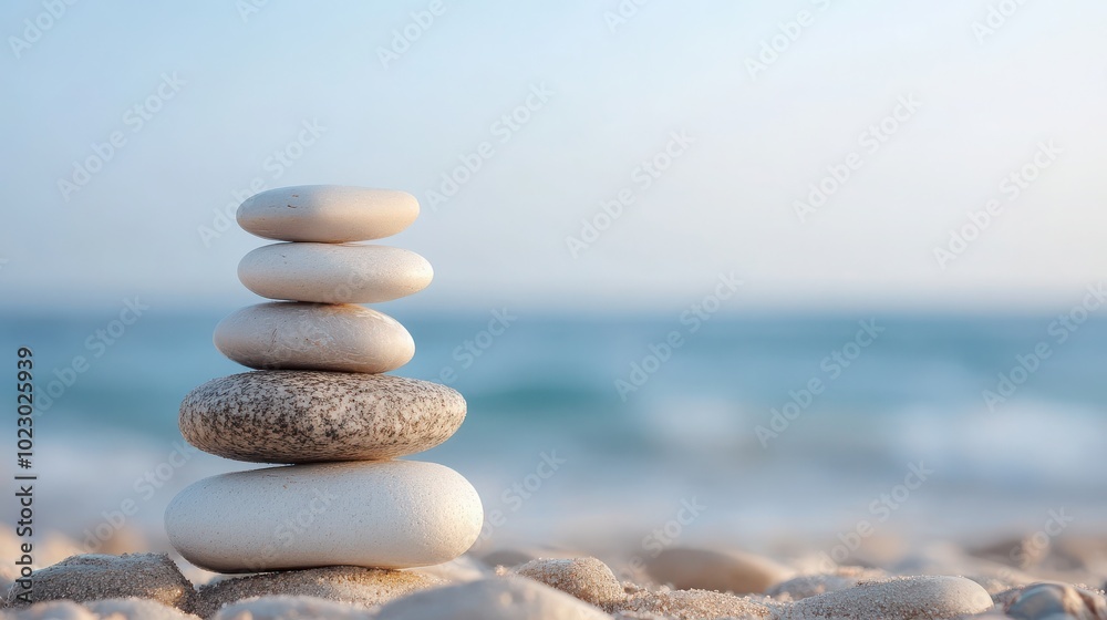 Stack of smooth stones on the beach with ocean in the background. Stack of smooth stones on the beach with ocean in the background.