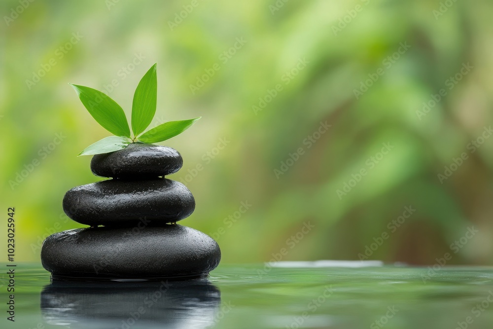 Stacked black stones with green leaves, peaceful zen garden, calming nature vibes. Stacked black stones with green leaves, peaceful zen garden, calming nature vibes.