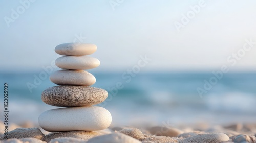 Stack of smooth stones on the beach with ocean in the background.