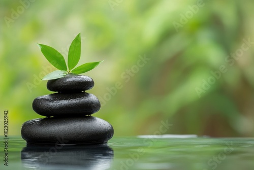 Stacked black stones with green leaves, peaceful zen garden, calming nature vibes.