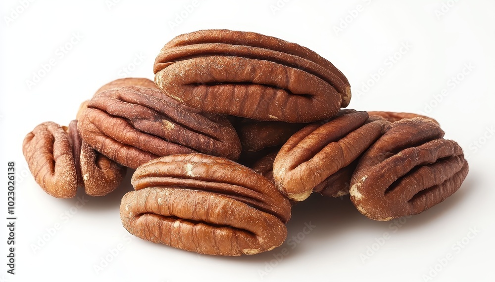Buttery and crunchy raw pecans piled on a clean surface in natural lighting Buttery and crunchy raw pecans piled on a clean surface in natural lighting