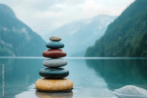 Stacked stones on calm water with misty mountains in the background.