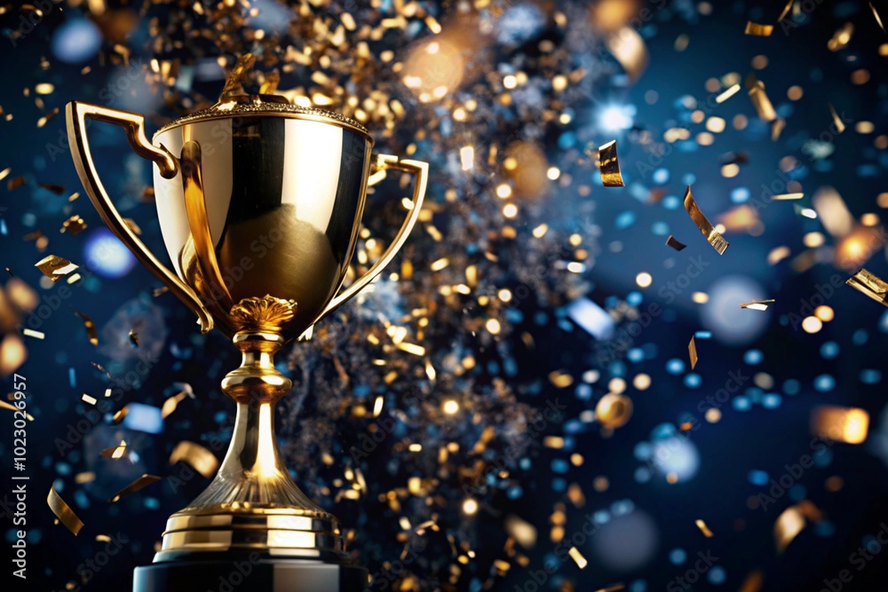 Reward.A gold cup and flying confetti on a dark blue background. Sports competitions, success, business, the concept of achievement and victory. Reward.A gold cup and flying confetti on a dark blue background. Sports competitions, success, business, the concept of achievement and victory.