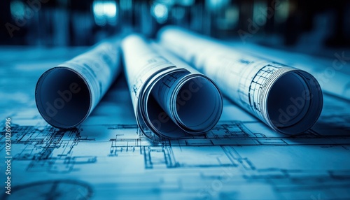 Engineering project management plans are rolled on blueprints in a well-lit office space