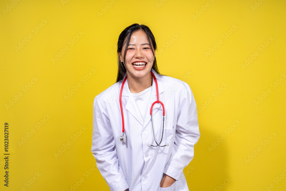 A woman in a white lab coat is smiling and holding a stethoscope A woman in a white lab coat is smiling and holding a stethoscope