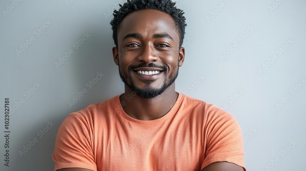 charismatic african man in a vibrant pink graphic tshirt navy chinos and a warm smile stands confidently against a clean white backdrop radiating positivity and approachability charismatic african man in a vibrant pink graphic tshirt navy chinos and a warm smile stands confidently against a clean white backdrop radiating positivity and approachability