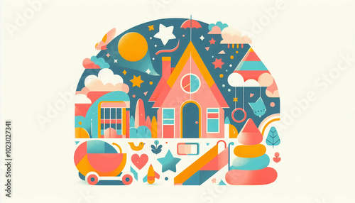 Playful illustration of a vibrant playhouse with stars, toys, and nature elements, creating a whimsical and joyful atmosphere for kids