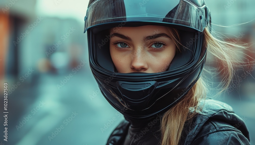 A woman in a black helmet gazes into the distance on a city street during the early evening hours A woman in a black helmet gazes into the distance on a city street during the early evening hours