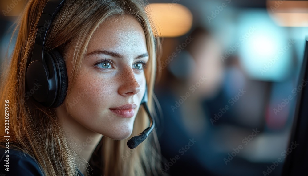 Call center representative using VoIP technology to assist customers in a modern office environment Call center representative using VoIP technology to assist customers in a modern office environment