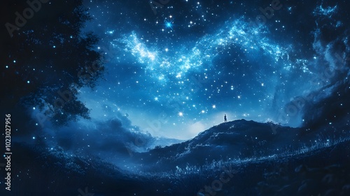 Solitary Figure Gazing at a Starry Night Sky Above a Hilltop