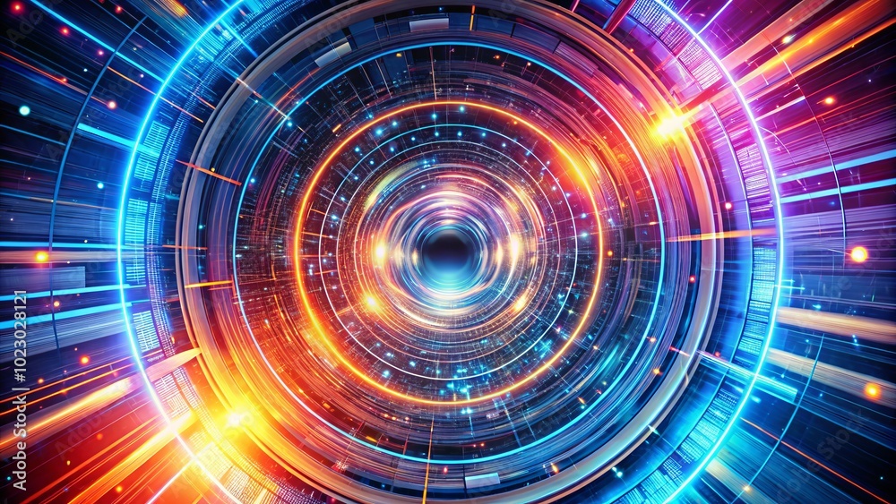 Obraz premium This modern geometric abstract illustration symbolizes a digital vortex, embodying a cyberspace portal gate through vibrant colors and shapes, suggesting limitless exploration 