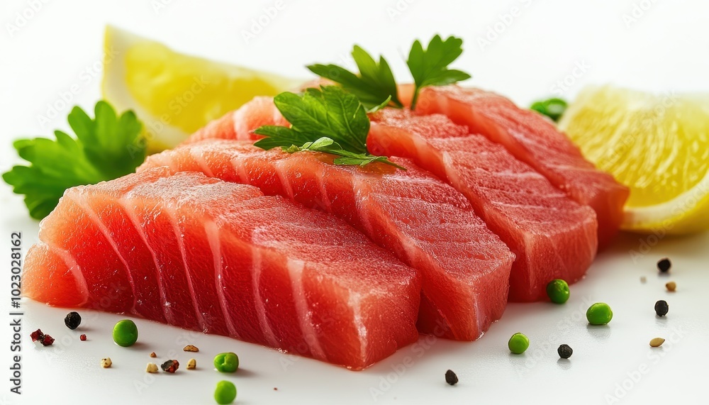 Fresh tuna sashimi slices garnished with herbs and lemon served on a white dish Fresh tuna sashimi slices garnished with herbs and lemon served on a white dish
