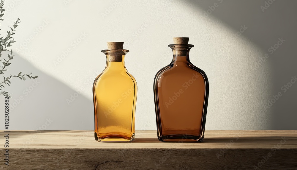 Classic and elegant glass bottle mockup on a rustic wooden table with soft natural light Classic and elegant glass bottle mockup on a rustic wooden table with soft natural light