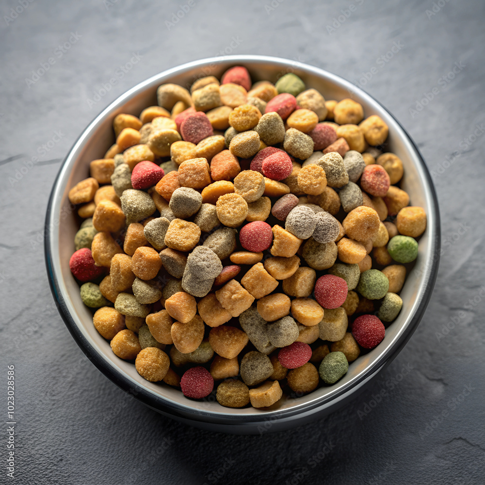 A bowl filled with colorful dry pet food is placed on a gray background. The mixture includes different shapes and hues, making it look appealing for pets.