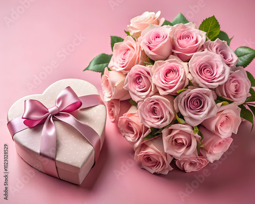 A bouquet of soft pink roses is placed next to a heart-shaped gift box wrapped with a ribbon, symbolizing love and a thoughtful, romantic gesture