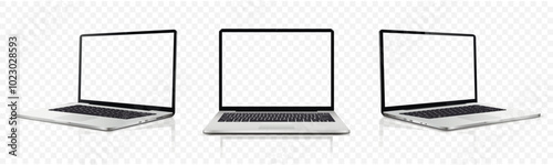 Laptop transparent screen mockup. Realistic laptop in different positions isolated on transparent background.