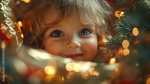 POV from inside a present, a young child peeking in, huge smile, face lit up with happiness. Soft, warm lighting from above, reflections of gift paper edges, faint bokeh lights in the background,