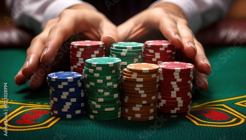 Winning baccarat strategies showcased with stacked chips at a casino table during evening hours