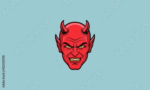 Cartoon devil head with horns and an evil grin.