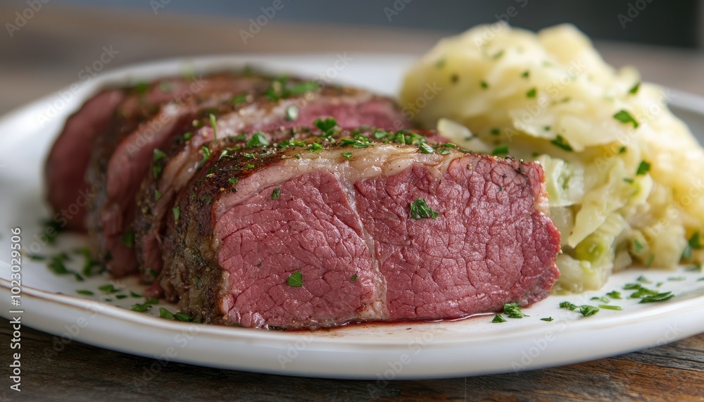 Traditional corned beef and cabbage served on a plate, celebrating Irish heritage and culture Traditional corned beef and cabbage served on a plate, celebrating Irish heritage and culture