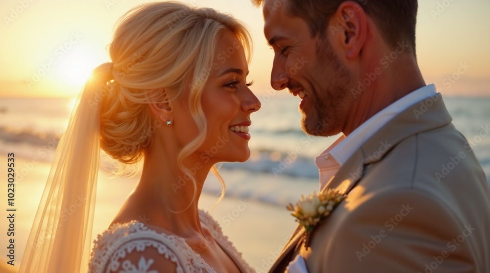 A loving couple shares an intimate moment on their wedding day as the sun sets over the beach, symbolizing romance, happiness, and new beginnings. A loving couple shares an intimate moment on their wedding day as the sun sets over the beach, symbolizing romance, happiness, and new beginnings.