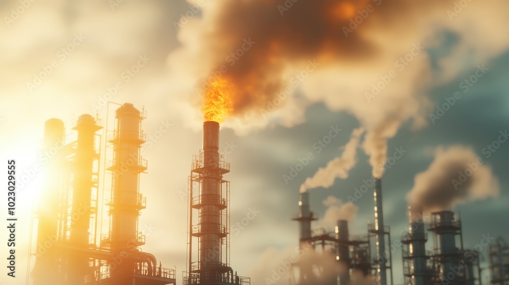 Low Pollution Emission from Factory Chimneys at Sunset