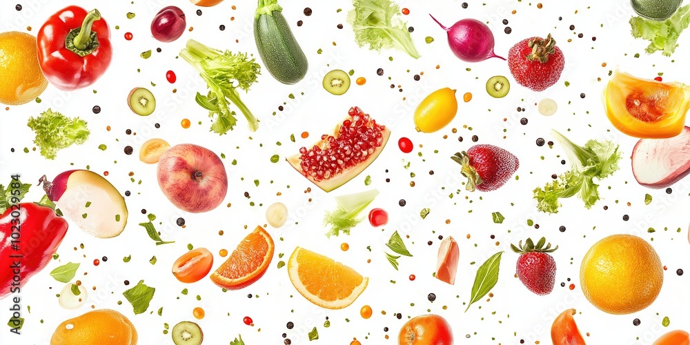 A vibrant assortment of fruits and vegetables appears to fall gracefully into the air, showcasing their natural colors and freshness A vibrant assortment of fruits and vegetables appears to fall gracefully into the air, showcasing their natural colors and freshness